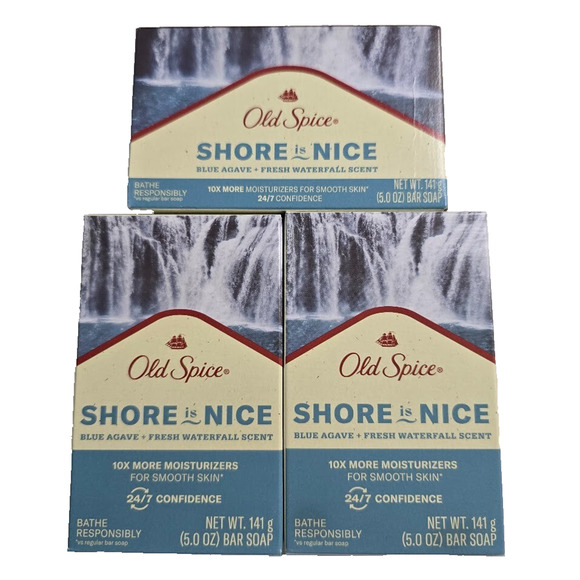 3 Old Spice Premium Bar Soap SHORE IS NICE Blue Agave+Fresh Waterfall Scent 5 OZ - Picture 1 of 3